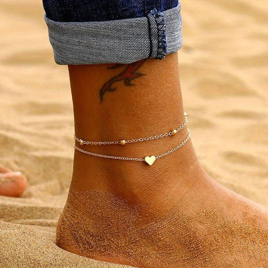 Double layer anklet with heart - love gift for her