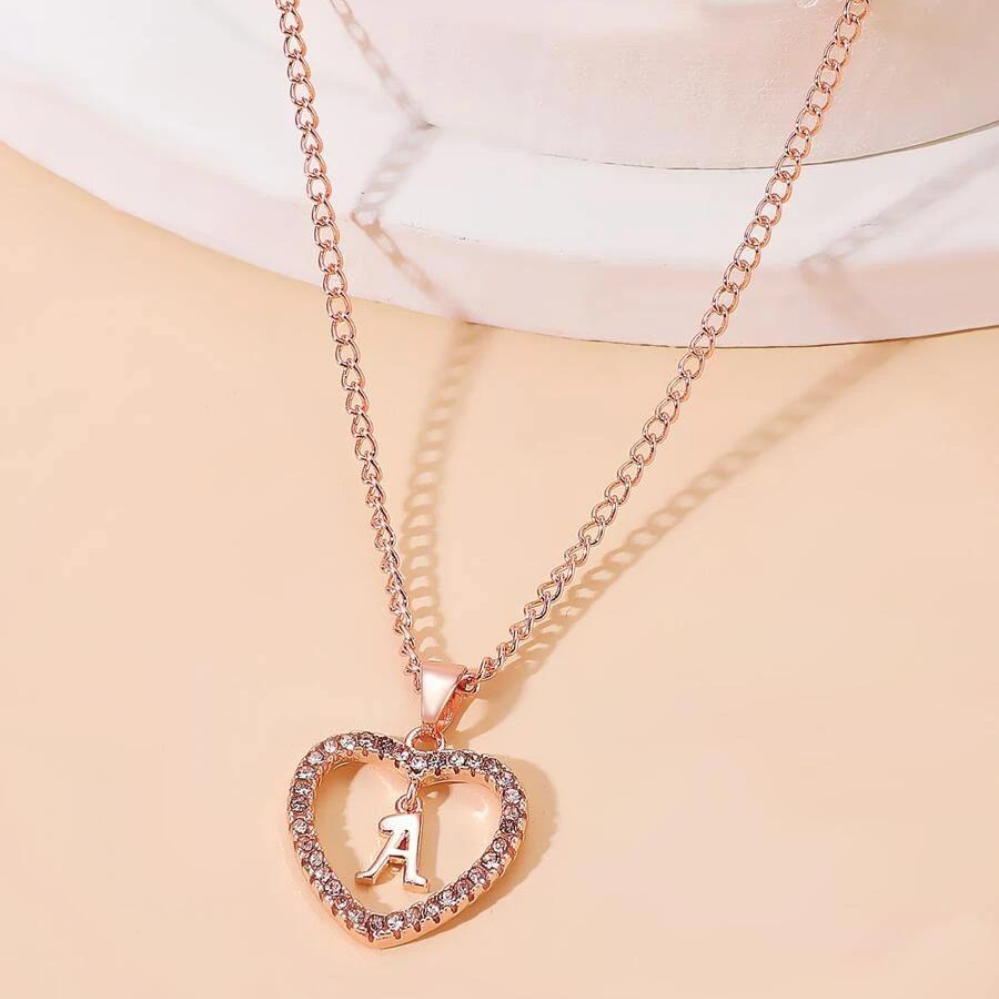 Crystal Initial Heart Necklace - Heart Initial Pendant Necklace